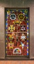 Stained glass window with symbols of Freemasonry in Tokyo.