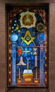 Stained glass window with symbols of Freemasonry in Tokyo.