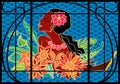 Stained glass window on the theme of Thailand and Oceania. Girl and flowers on the background of the decorative sea Royalty Free Stock Photo