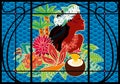 Stained glass window on the theme of Thailand and Oceania. Girl and tropical vegetation on the background of the decorative sea Royalty Free Stock Photo