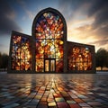 Stained glass windows illuminate a cathedral at sunset