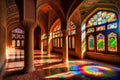 Stained glass windows in the Irani Mosque of Nasir Ol molk. Created with generative artificial intelligence technology.