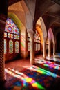 Stained glass windows in the Irani Mosque of Nasir Ol molk. Created with generative artificial intelligence technology.