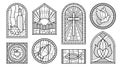 Stained glass windows monochrome line art set vector illustration. Medieval gothic cathedral Royalty Free Stock Photo