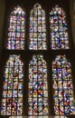 Stained glass windows in St John's Chapel, inside the White Tower, Tower of London. UK