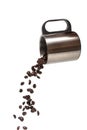 Stainless coffee cup pouring brown coffee beans isolated on a white