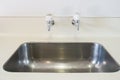 Stainless dish washing basin in kitchen with hot and cold water taps Royalty Free Stock Photo