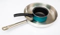 Stainless frying pan and blue non-stick saucepan on white Royalty Free Stock Photo