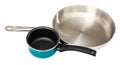 Stainless frying pan and blue non-stick saucepan on white Royalty Free Stock Photo