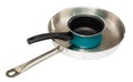 Stainless frying pan and blue non-stick saucepan on white Royalty Free Stock Photo