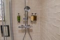 Stainless hanging shower with shower gel in luxury bathroom Royalty Free Stock Photo