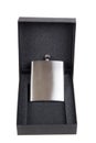 Stainless hip flask in a black gift box Royalty Free Stock Photo