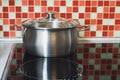 Stainless pot on cooker Royalty Free Stock Photo