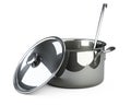 Stainless saucepan, ladle and lid, top wiev.