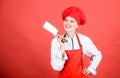 Stainless steel. Be careful while cut. Woman chef hold sharp knife. Chop food like pro. Knife skills concept. Sexy Royalty Free Stock Photo