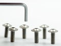 Stainless steel bolts arranged on white background