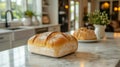 Stainless steel bread making machine with freshly baked loaf in a modern kitchen setting Royalty Free Stock Photo