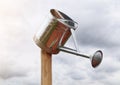 Stainless steel can watering can outdoor summer sky background