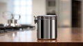 A stainless steel canister sitting on a counter, AI Royalty Free Stock Photo