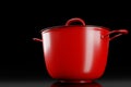 Stainless steel cooker with lid and chrome cookware on black background Royalty Free Stock Photo