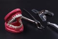 Stainless steel dental tools and a layout of a human jaw on the black background Royalty Free Stock Photo