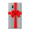 Stainless Steel Double Door Refrigerator with red ribbon and bow. 3D rendering. Gift concept. Realistic vector illustration Royalty Free Stock Photo