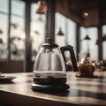 Stainless steel electric coffee kettle sitting atop a kitchen counter, AI-generated.