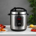 A stainless steel electric pressure cooker with a digital control panel and various Royalty Free Stock Photo