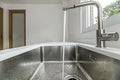 Stainless steel faucet and bowl sink in a kitchen