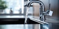 stainless steel faucet with runing water in the kitchen, problem use of water.Generative AI Royalty Free Stock Photo