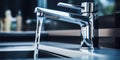 stainless steel faucet with runing water in the kitchen, problem use of water.Generative AI Royalty Free Stock Photo