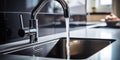 stainless steel faucet with runing water in the kitchen, problem use of water.Generative AI Royalty Free Stock Photo
