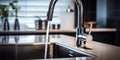 stainless steel faucet with runing water in the kitchen, problem use of water.Generative AI Royalty Free Stock Photo