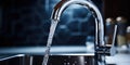 stainless steel faucet with runing water in the kitchen, problem use of water.Generative AI Royalty Free Stock Photo