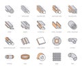 Stainless steel flat line icons set. Metal sheet, coil, strip, pipe, armature vector illustrations. Outline signs for