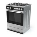 Stainless steel gas cooker with oven on white.