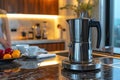 Stainless Steel Italian Moka Pot on a Modern Kitchen Counter in Daylight