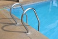 A stainless steel ladder in a swimming pool