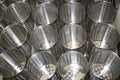 Stainless steel metal cylinders with holes Packed in a box. Selective focus. Home inventory, design Royalty Free Stock Photo