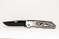 Stainless steel pocketknife with a black blade isolated on a white background