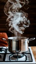Stainless steel pot on gas stove emits swirling steam at home Royalty Free Stock Photo