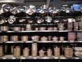 Stainless steel pots of different sizes at Selgros Royalty Free Stock Photo