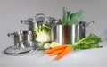 Stainless steel pots and pans Royalty Free Stock Photo