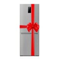 Stainless Steel Refrigerator with red ribbon and bow. 3D rendering. Gift concept. Realistic vector illustration isolated on white Royalty Free Stock Photo