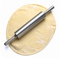 Stainless Steel Rolling Pin on Yellow Dough Isolated on White Background Royalty Free Stock Photo