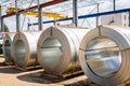 Stainless steel rolls. Rolls of steel sheet in the warehouse. A roll of galvanized steel sheet for the production of