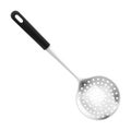 Stainless Steel Round Kitchen Skimmer or Skimmer Spoon Isolated on White Background, Skimming Ladle with black handle. Realistic