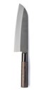 Stainless steel santoku knife on a white background