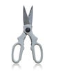 Stainless steel scissors with white plastic handle on white background, object, modern, copy space Royalty Free Stock Photo