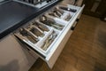 Stainless steel spoons, forks and knifes in cutlery box drawer i Royalty Free Stock Photo